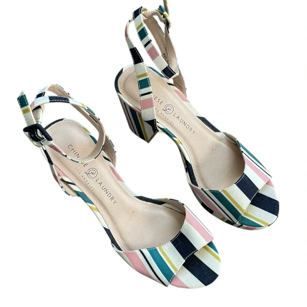 Chinese Laundry Stripe Block Platform Retro Sandal Sz 7.5 boho hippie festival